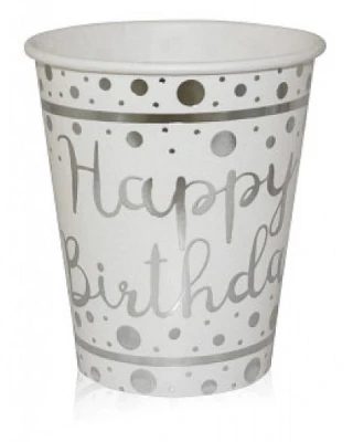 Silver Varak Happy Birthday Baskılı Bardak ( 6 Ad )