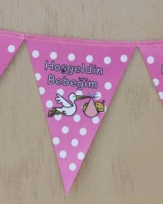 Hoşgeldin Bebeğim Pembe Puantiyeli Bayrak