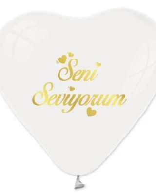 1+1 Dore Seni Seviyorum Baskılı 12 İnc Beyaz Kalpli Balon