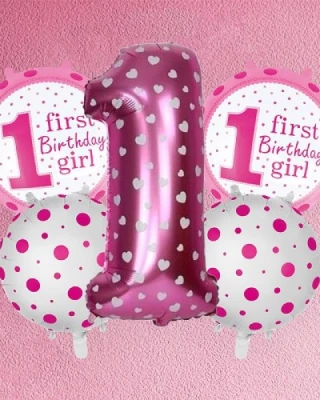 1 Yaş Pembe Benekli 5 Li Set Folyo Balon
