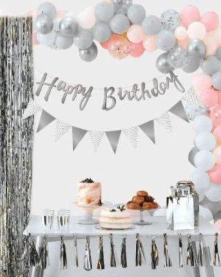 Gümüş Happy Bırthday Kaligrafi Flamalı banner