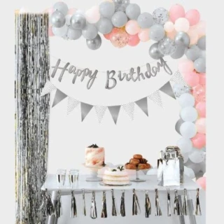 Gümüş Happy Bırthday Kaligrafi Flamalı banner