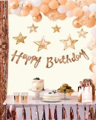 Rose Gold Happy Bırthday Kaligrafi Yıldızlı Banner