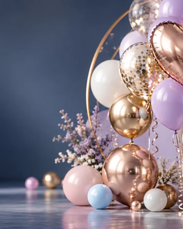 Rose gold, beyaz, lavanta ve mavi tonlarında farklı balon çeşitleri